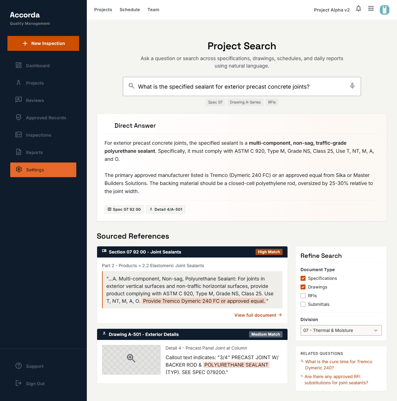 Project search with plain-English question and sourced answer