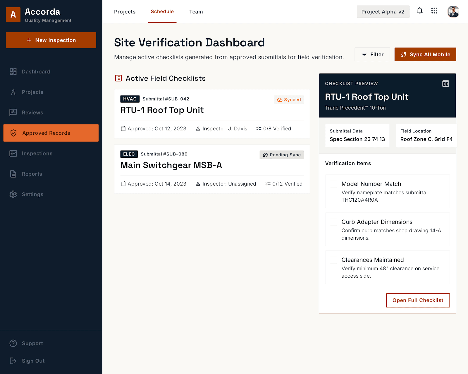Site verification checklist with pass and flag items