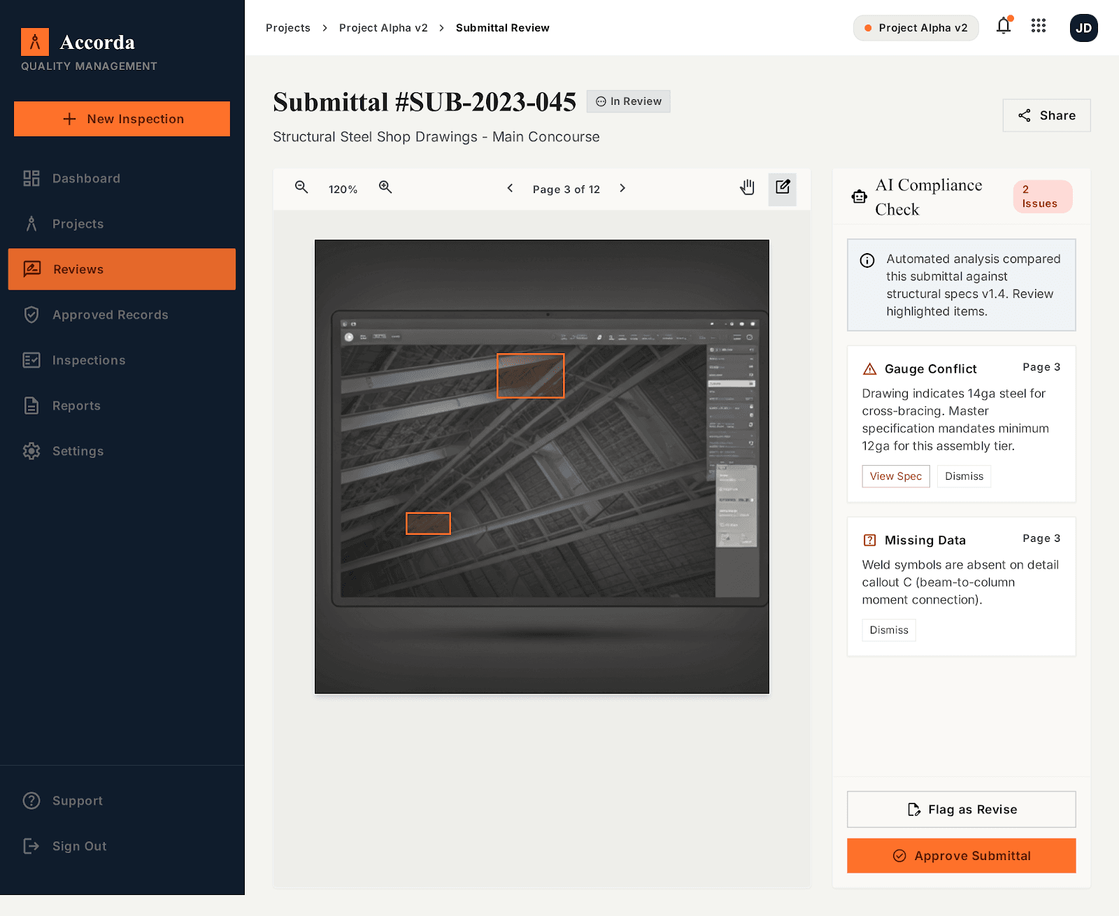 Submittal review screen showing matched and flagged items